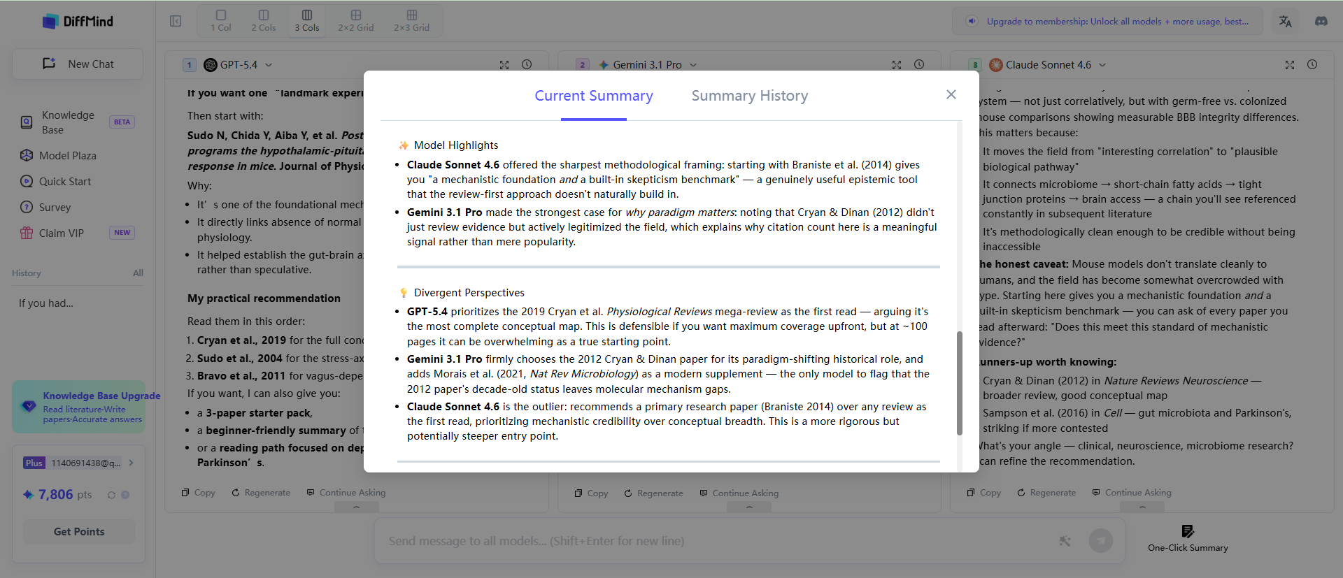 DiffMind one-click summary view combining outputs from three AI models into one synthesized answer
